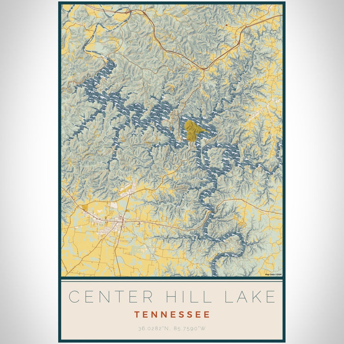 Center Hill Lake Tennessee Map Print Portrait Orientation in Woodblock Style With Shaded Background