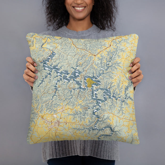 Person holding 18x18 Custom Center Hill Lake Tennessee Map Throw Pillow in Woodblock