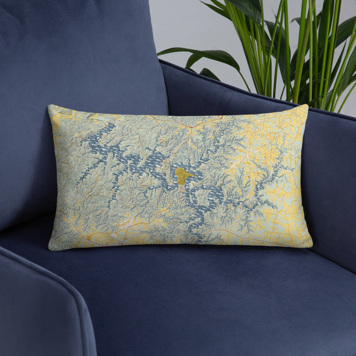 Custom Center Hill Lake Tennessee Map Throw Pillow in Woodblock on Blue Colored Chair