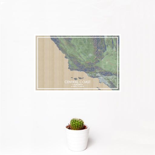 12x18 Central Coast California Map Print Landscape Orientation in Afternoon Style With Small Cactus Plant in White Planter