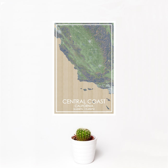 12x18 Central Coast California Map Print Portrait Orientation in Afternoon Style With Small Cactus Plant in White Planter