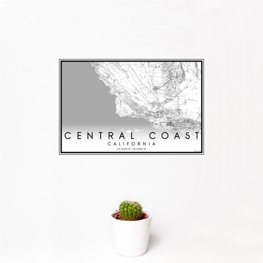 12x18 Central Coast California Map Print Landscape Orientation in Classic Style With Small Cactus Plant in White Planter