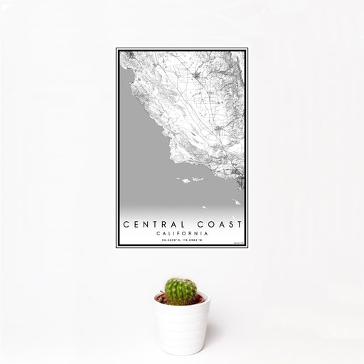 12x18 Central Coast California Map Print Portrait Orientation in Classic Style With Small Cactus Plant in White Planter