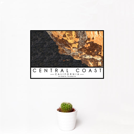 12x18 Central Coast California Map Print Landscape Orientation in Ember Style With Small Cactus Plant in White Planter