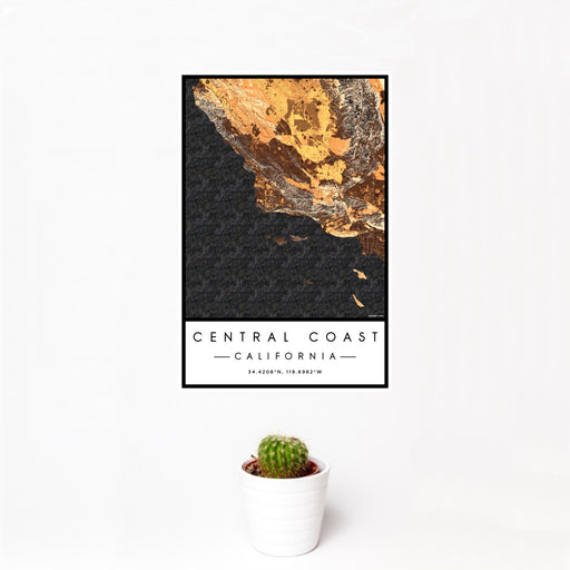 12x18 Central Coast California Map Print Portrait Orientation in Ember Style With Small Cactus Plant in White Planter