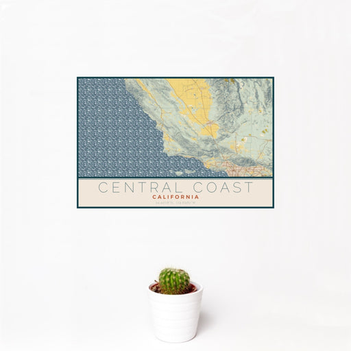 12x18 Central Coast California Map Print Landscape Orientation in Woodblock Style With Small Cactus Plant in White Planter