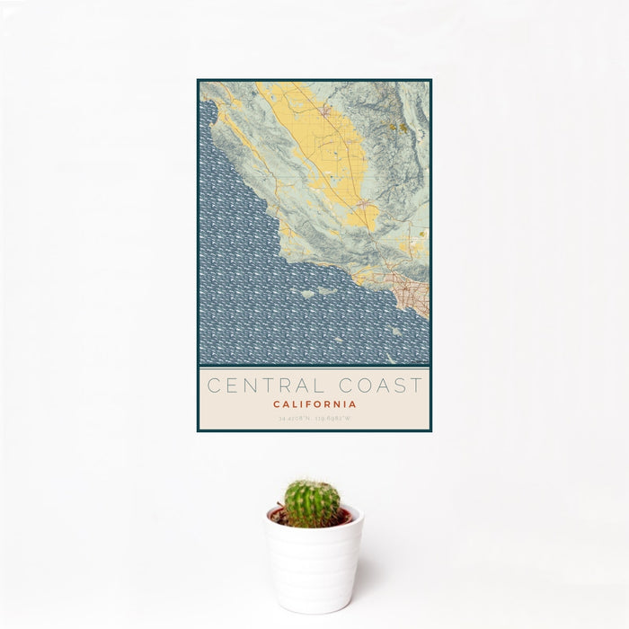 12x18 Central Coast California Map Print Portrait Orientation in Woodblock Style With Small Cactus Plant in White Planter