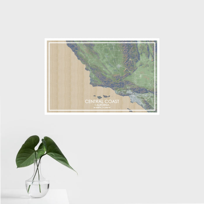 16x24 Central Coast California Map Print Landscape Orientation in Afternoon Style With Tropical Plant Leaves in Water