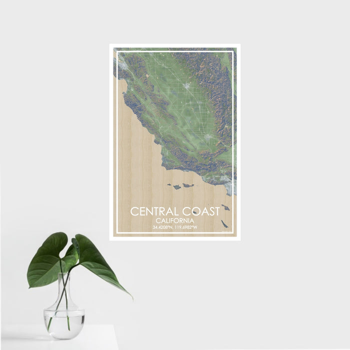 16x24 Central Coast California Map Print Portrait Orientation in Afternoon Style With Tropical Plant Leaves in Water