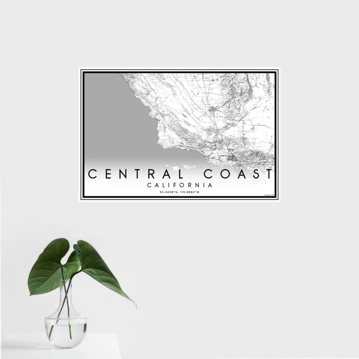 16x24 Central Coast California Map Print Landscape Orientation in Classic Style With Tropical Plant Leaves in Water