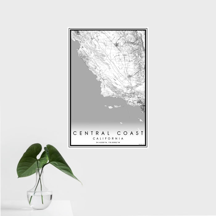 16x24 Central Coast California Map Print Portrait Orientation in Classic Style With Tropical Plant Leaves in Water