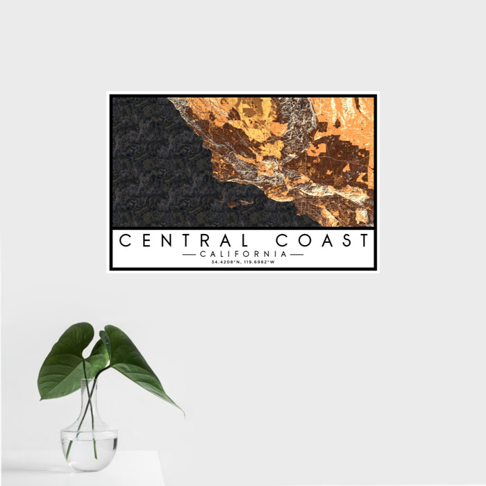 16x24 Central Coast California Map Print Landscape Orientation in Ember Style With Tropical Plant Leaves in Water