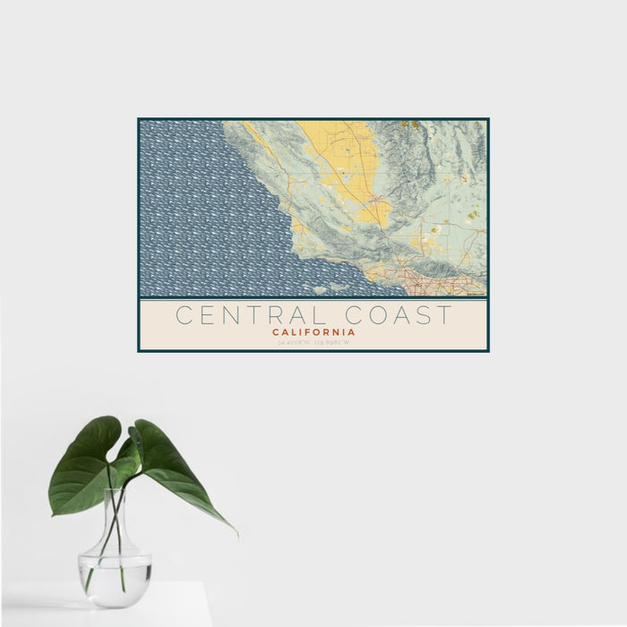 16x24 Central Coast California Map Print Landscape Orientation in Woodblock Style With Tropical Plant Leaves in Water