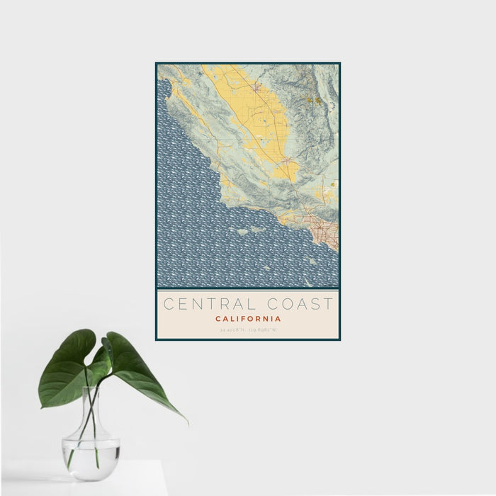 16x24 Central Coast California Map Print Portrait Orientation in Woodblock Style With Tropical Plant Leaves in Water