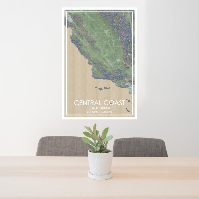 24x36 Central Coast California Map Print Portrait Orientation in Afternoon Style Behind 2 Chairs Table and Potted Plant