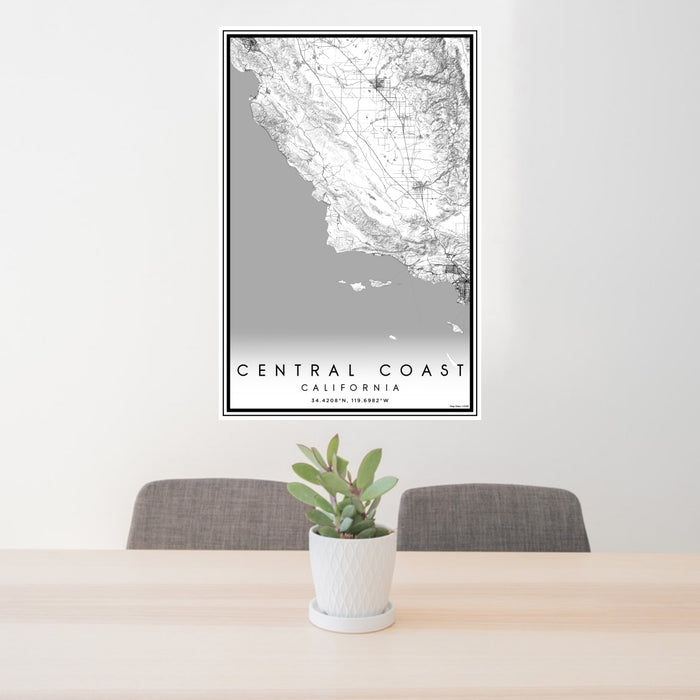 24x36 Central Coast California Map Print Portrait Orientation in Classic Style Behind 2 Chairs Table and Potted Plant