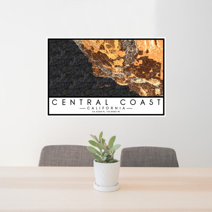 24x36 Central Coast California Map Print Lanscape Orientation in Ember Style Behind 2 Chairs Table and Potted Plant