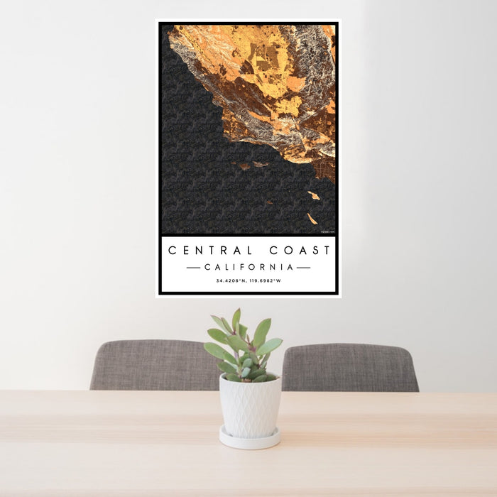 24x36 Central Coast California Map Print Portrait Orientation in Ember Style Behind 2 Chairs Table and Potted Plant