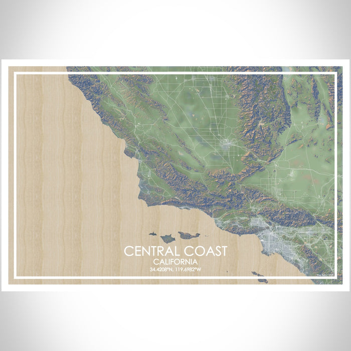 Central Coast California Map Print Landscape Orientation in Afternoon Style With Shaded Background