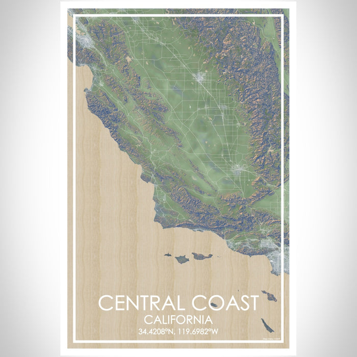 Central Coast California Map Print Portrait Orientation in Afternoon Style With Shaded Background