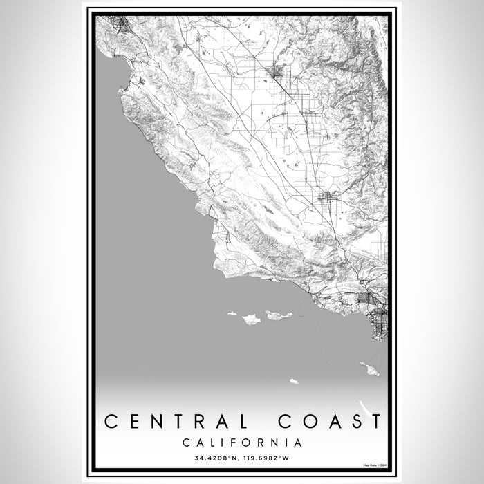 Central Coast California Map Print Portrait Orientation in Classic Style With Shaded Background