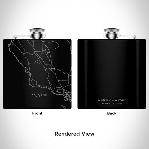 Rendered View of Central Coast California Map Engraving on 6oz Stainless Steel Flask in Black