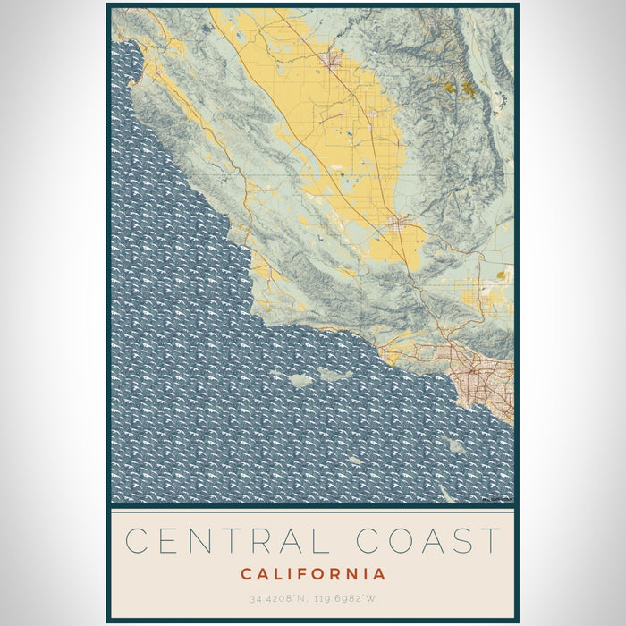 Central Coast California Map Print Portrait Orientation in Woodblock Style With Shaded Background