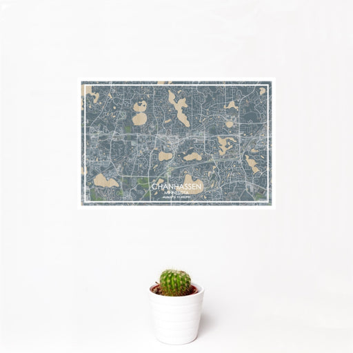 12x18 Chanhassen Minnesota Map Print Landscape Orientation in Afternoon Style With Small Cactus Plant in White Planter