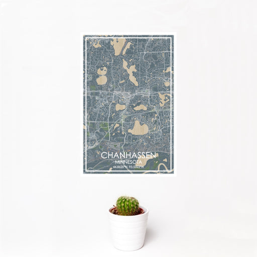 12x18 Chanhassen Minnesota Map Print Portrait Orientation in Afternoon Style With Small Cactus Plant in White Planter