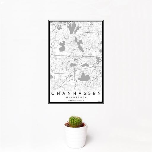 12x18 Chanhassen Minnesota Map Print Portrait Orientation in Classic Style With Small Cactus Plant in White Planter