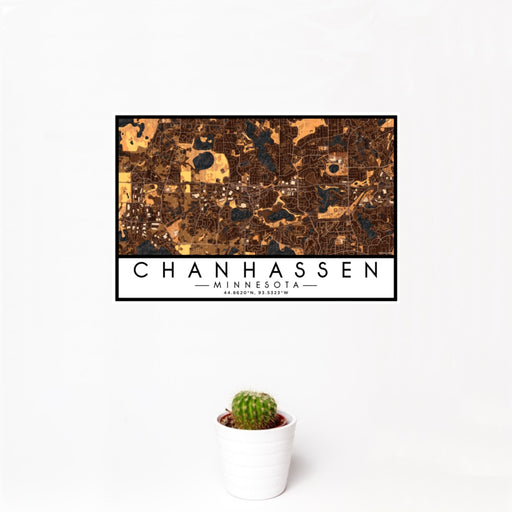 12x18 Chanhassen Minnesota Map Print Landscape Orientation in Ember Style With Small Cactus Plant in White Planter