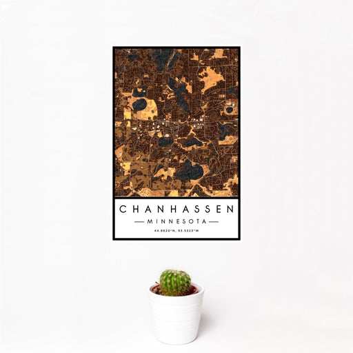 12x18 Chanhassen Minnesota Map Print Portrait Orientation in Ember Style With Small Cactus Plant in White Planter