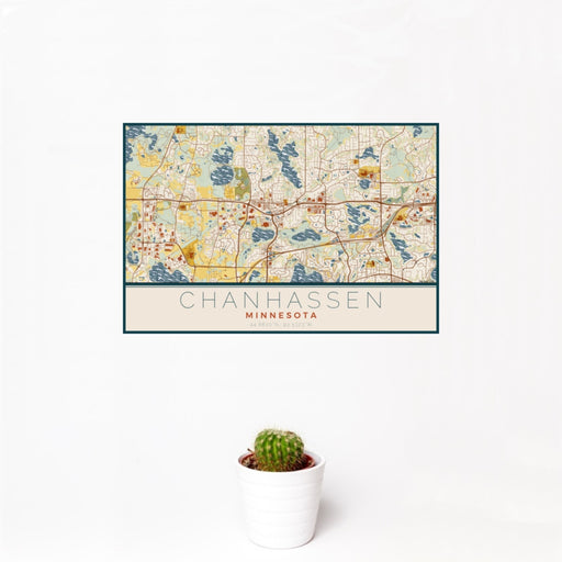 12x18 Chanhassen Minnesota Map Print Landscape Orientation in Woodblock Style With Small Cactus Plant in White Planter