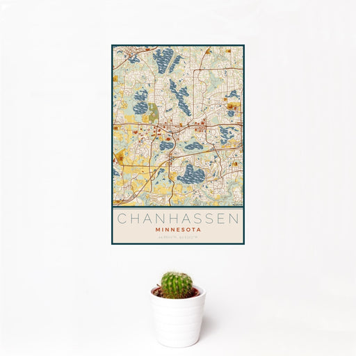 12x18 Chanhassen Minnesota Map Print Portrait Orientation in Woodblock Style With Small Cactus Plant in White Planter