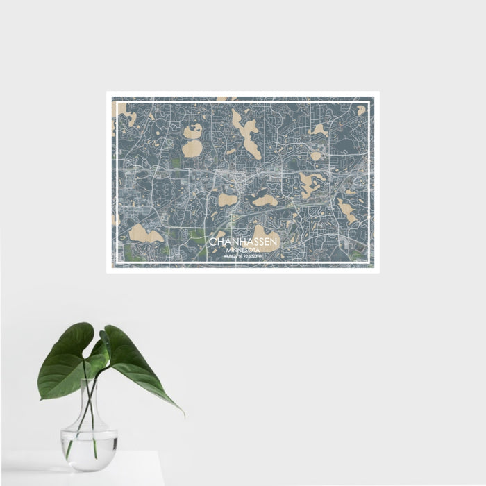 16x24 Chanhassen Minnesota Map Print Landscape Orientation in Afternoon Style With Tropical Plant Leaves in Water