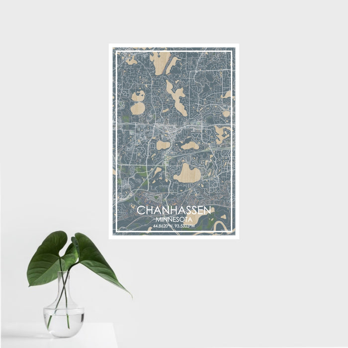 16x24 Chanhassen Minnesota Map Print Portrait Orientation in Afternoon Style With Tropical Plant Leaves in Water