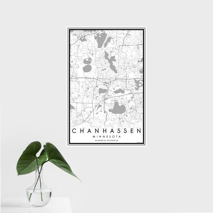 16x24 Chanhassen Minnesota Map Print Portrait Orientation in Classic Style With Tropical Plant Leaves in Water