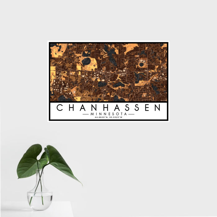 16x24 Chanhassen Minnesota Map Print Landscape Orientation in Ember Style With Tropical Plant Leaves in Water