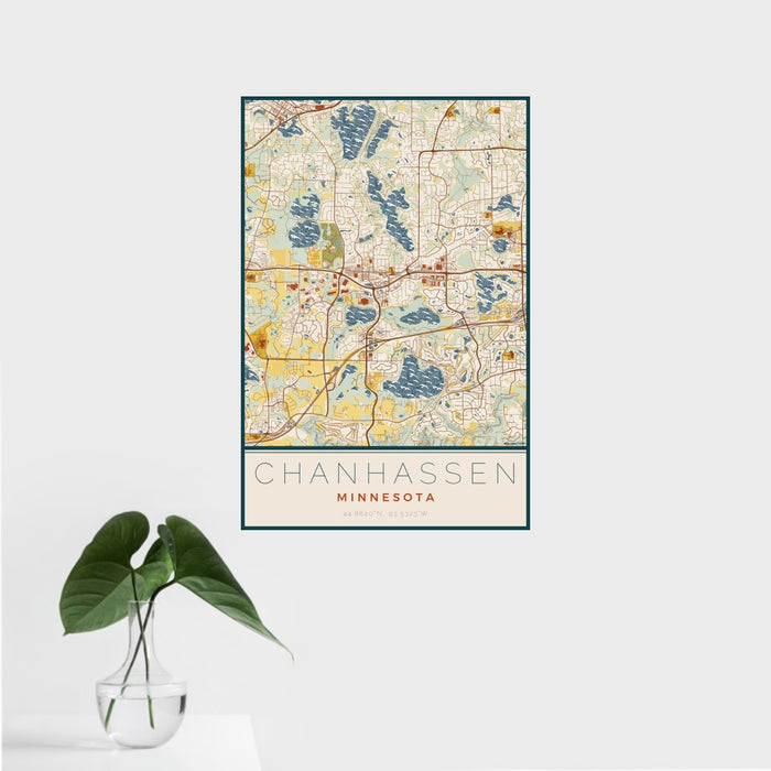 16x24 Chanhassen Minnesota Map Print Portrait Orientation in Woodblock Style With Tropical Plant Leaves in Water