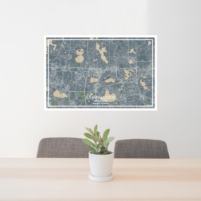 24x36 Chanhassen Minnesota Map Print Lanscape Orientation in Afternoon Style Behind 2 Chairs Table and Potted Plant