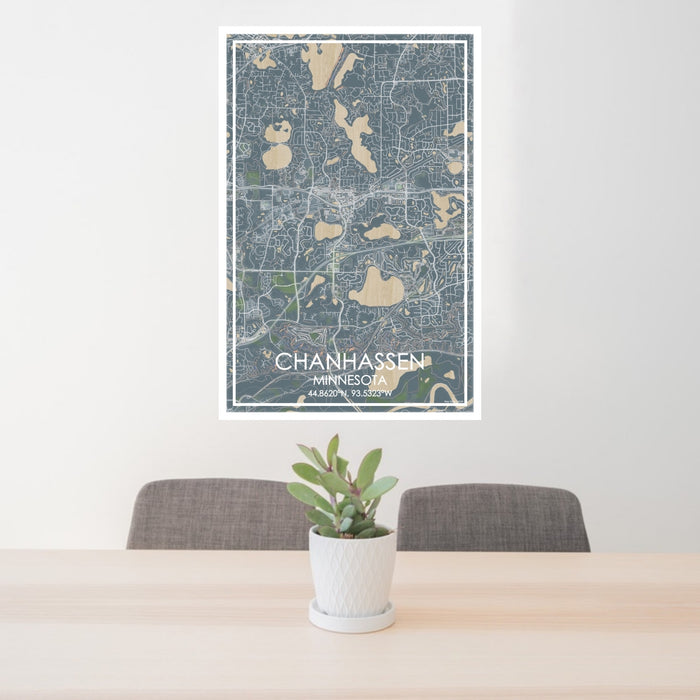 24x36 Chanhassen Minnesota Map Print Portrait Orientation in Afternoon Style Behind 2 Chairs Table and Potted Plant