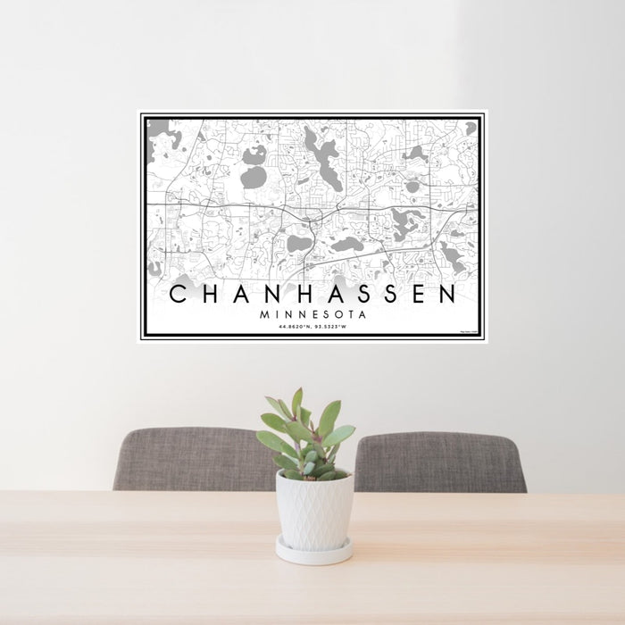 24x36 Chanhassen Minnesota Map Print Lanscape Orientation in Classic Style Behind 2 Chairs Table and Potted Plant
