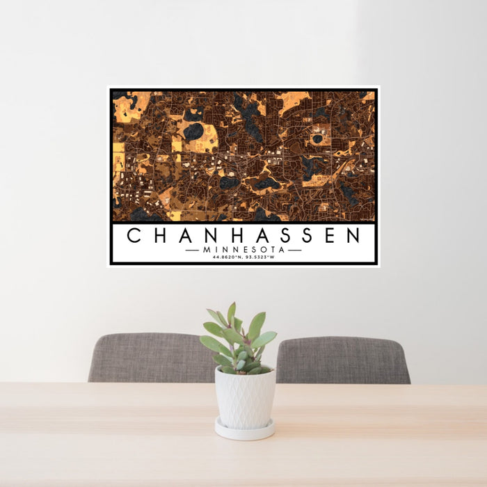 24x36 Chanhassen Minnesota Map Print Lanscape Orientation in Ember Style Behind 2 Chairs Table and Potted Plant
