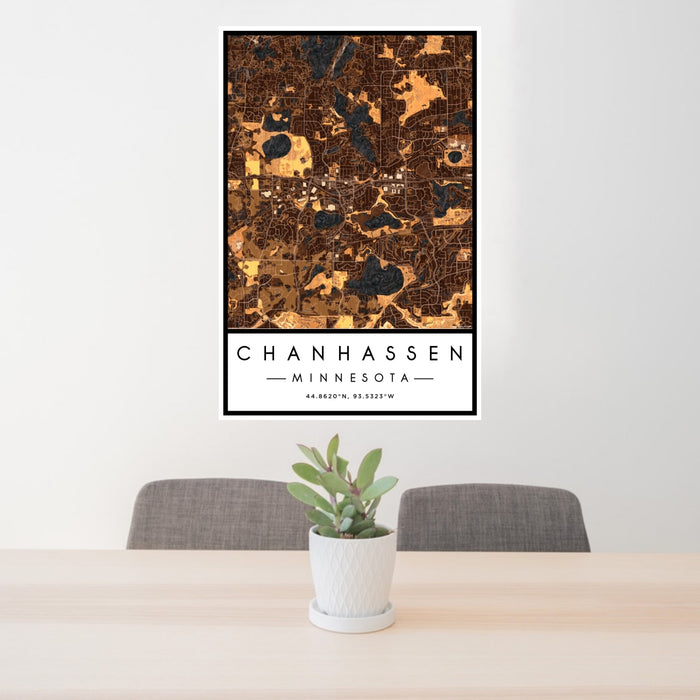 24x36 Chanhassen Minnesota Map Print Portrait Orientation in Ember Style Behind 2 Chairs Table and Potted Plant
