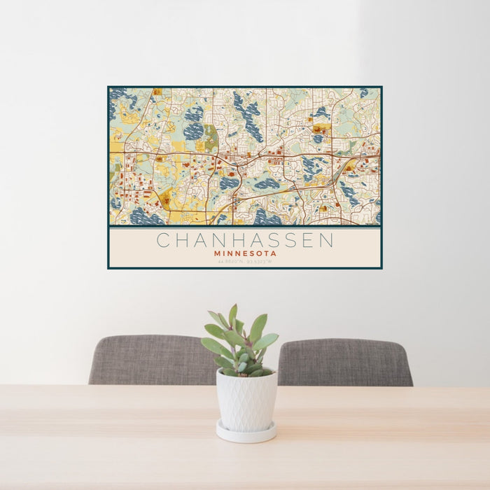 24x36 Chanhassen Minnesota Map Print Lanscape Orientation in Woodblock Style Behind 2 Chairs Table and Potted Plant