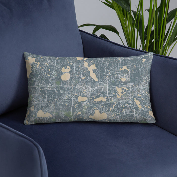 Custom Chanhassen Minnesota Map Throw Pillow in Afternoon on Blue Colored Chair