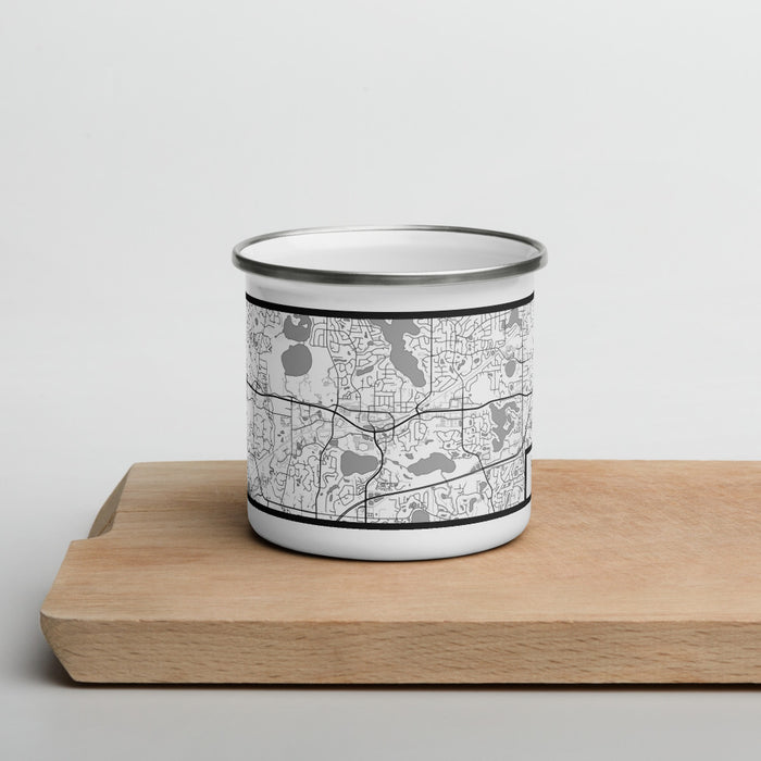 Front View Custom Chanhassen Minnesota Map Enamel Mug in Classic on Cutting Board