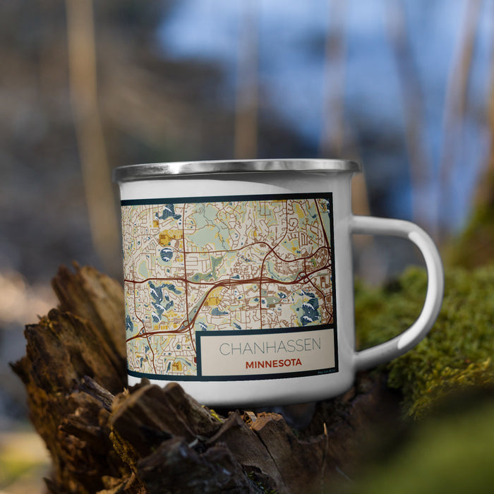 Right View Custom Chanhassen Minnesota Map Enamel Mug in Woodblock on Grass With Trees in Background