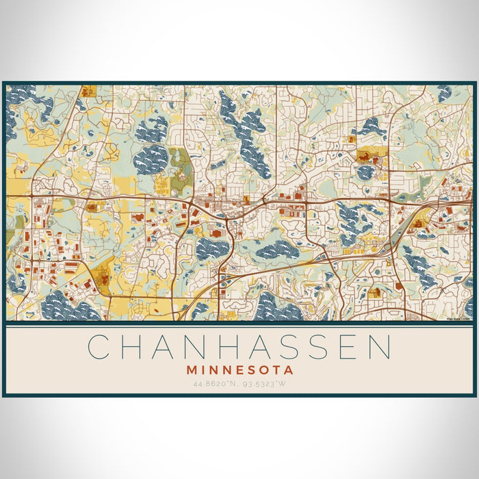 Chanhassen Minnesota Map Print Landscape Orientation in Woodblock Style With Shaded Background