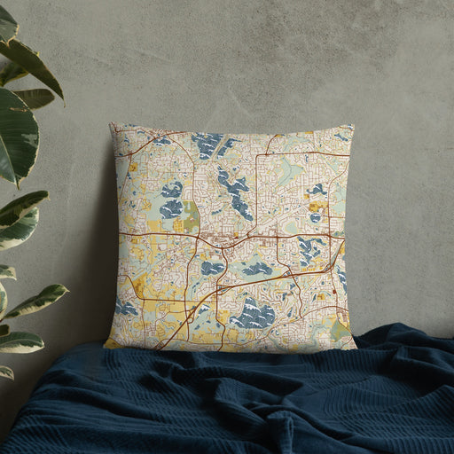 Custom Chanhassen Minnesota Map Throw Pillow in Woodblock on Bedding Against Wall